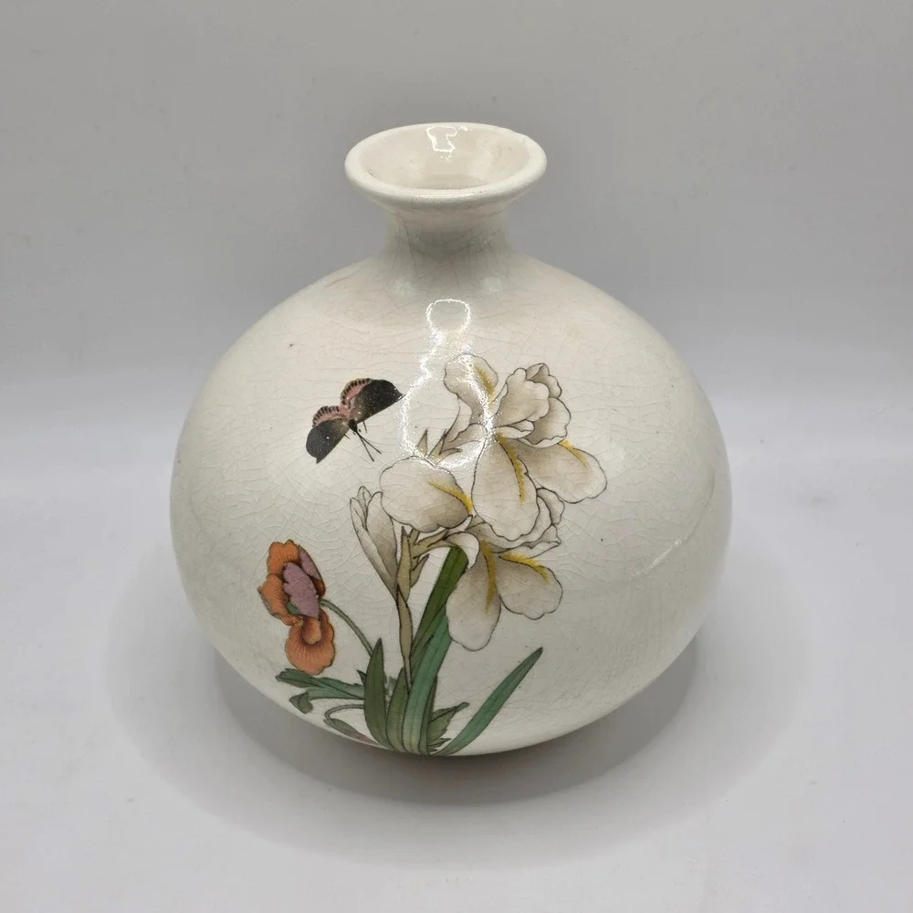 Vintage Satsuma Style Crackle Glaze Bud Vase Iris Butterfly Floral Ceramic Japan